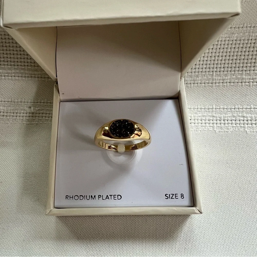 Signet Ring Crystal Pave Gold Tone Rhodium Plated Black Enamel Sz 8 NWT 💥SALE💥